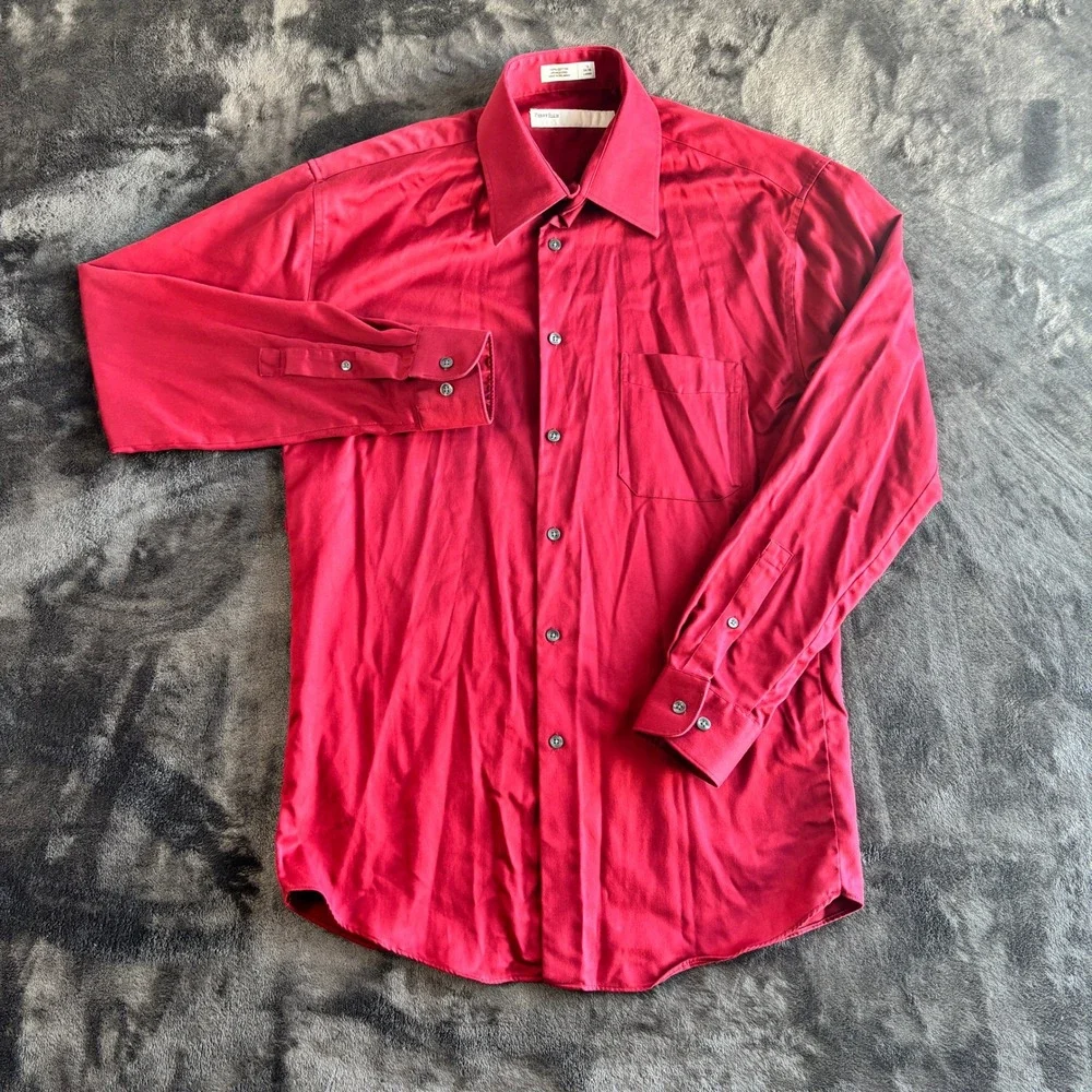 Perry Ellis Mens Large Red Cotton Wrinkle Free‎ Dress Shirt 16 34 35